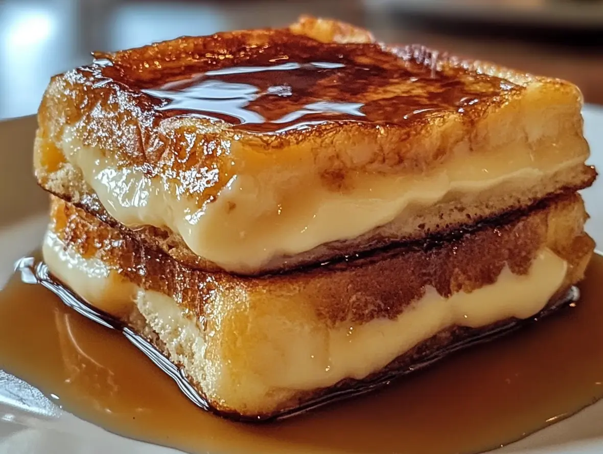 Golden brown Crème Brûlée French Toast slices with caramelized sugar topping