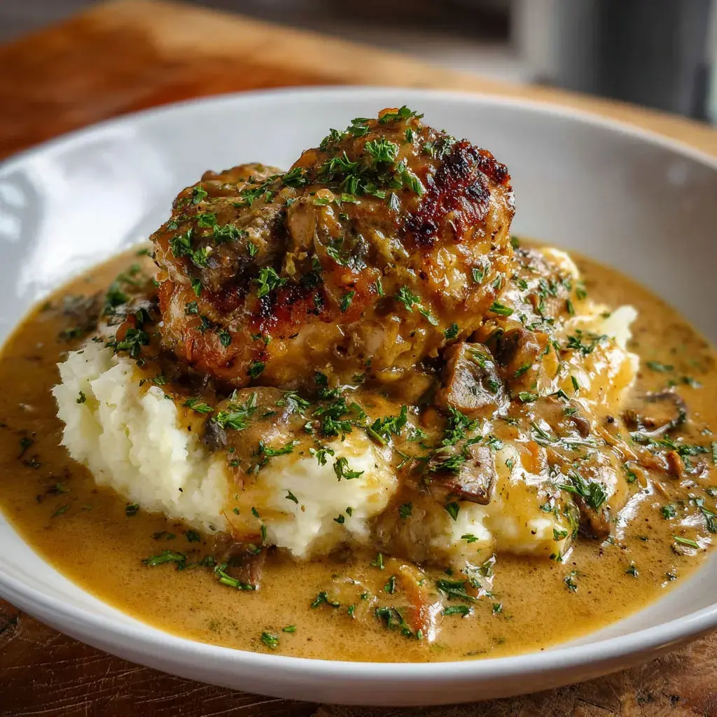 Finished smothered chicken thighs gravy served family-style on a plate with mashed potatoes