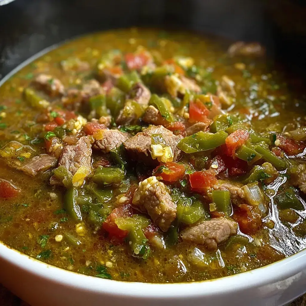 Process shot of simmering pork and green chiles for Chili Verde Spanish Rice