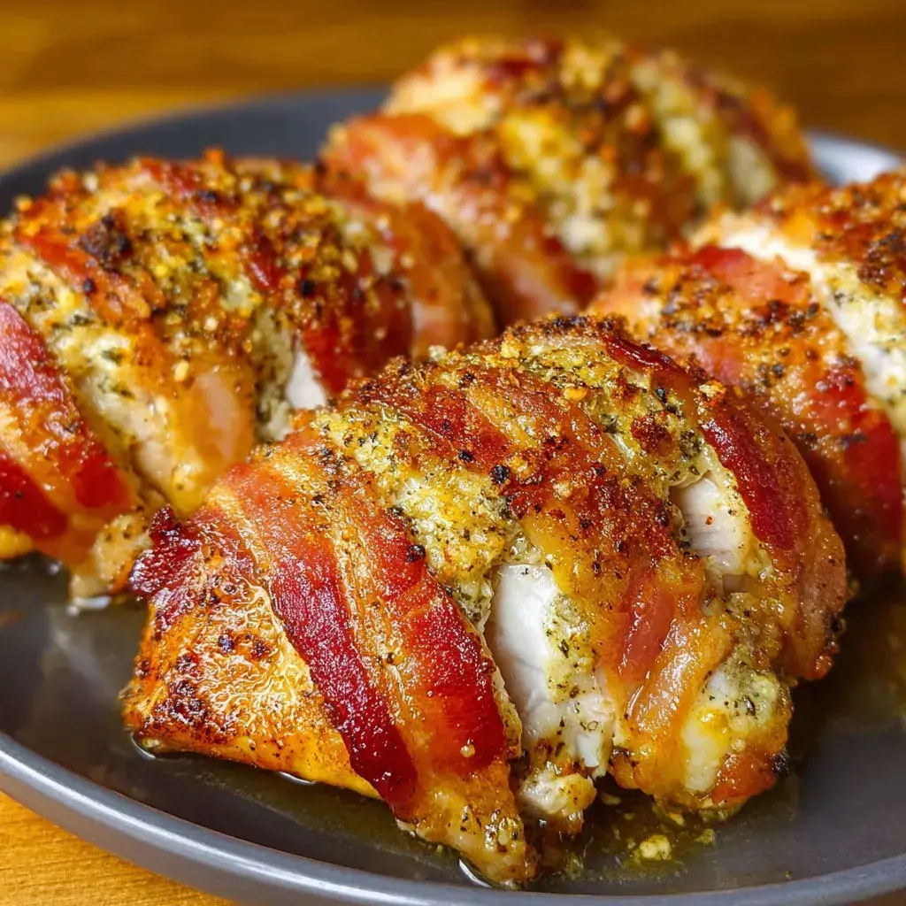 Close-up of bacon garlic parmesan chicken sizzling in the oven