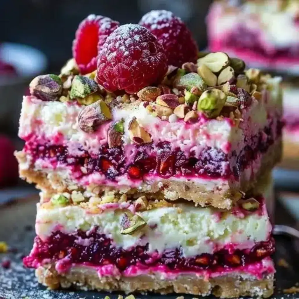 A close-up view of freshly baked Heavenly Raspberry Pistachio Bars, showcasing the layered crust, pistachio filling, and vibrant raspberry topping.