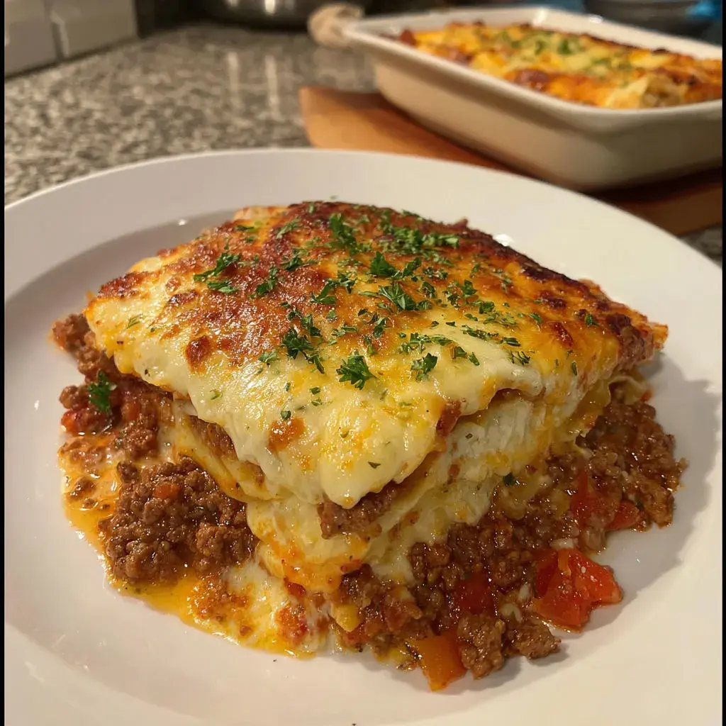 Layered homemade lasagna ready for baking, showcasing rich sauces and cheeses.