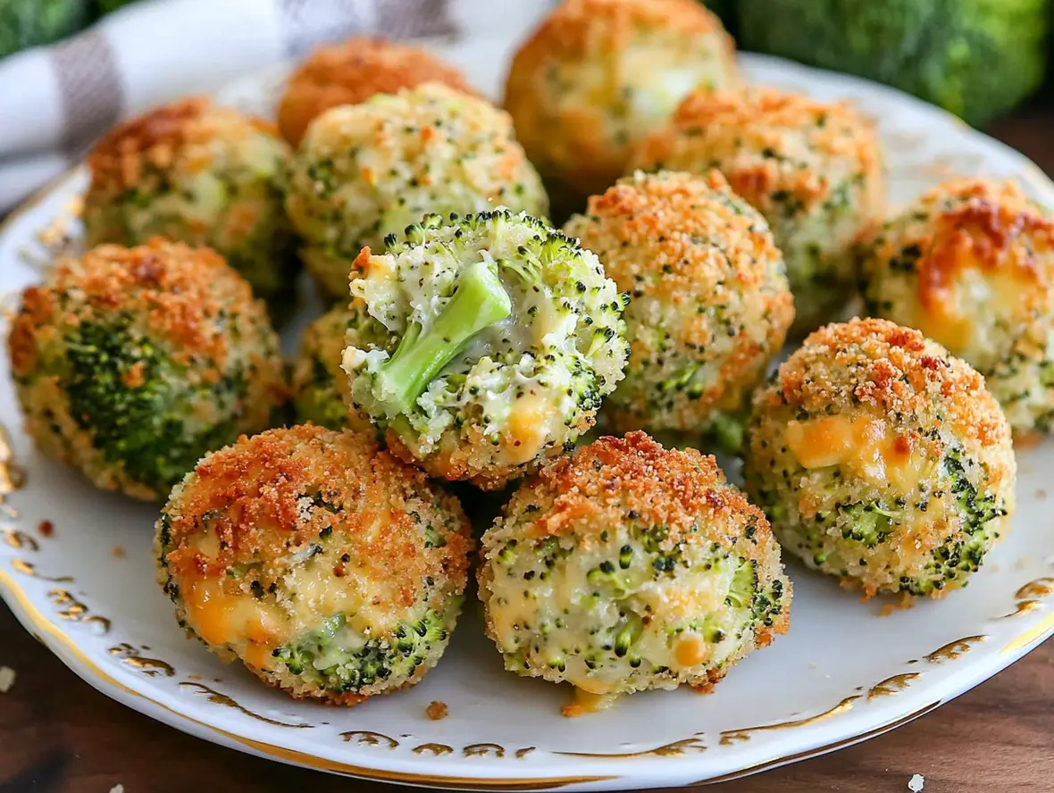 Golden baked broccoli cheese balls on a platter, ready to be dipped.