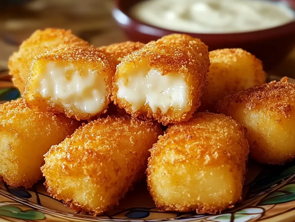 Crispy golden fried cheese bites on a plate