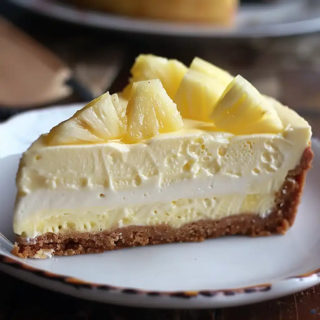 A slice of pineapple cheesecake on a plate, garnished with a pineapple wedge and mint sprig.