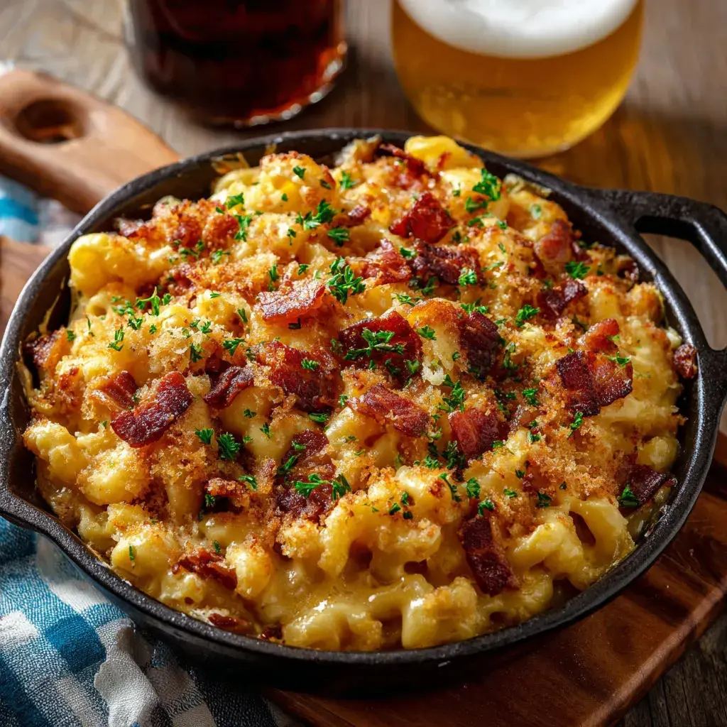 Baked Oktoberfest Bacon Beer Mac Cheese in a casserole dish, ready to serve with bacon toppings