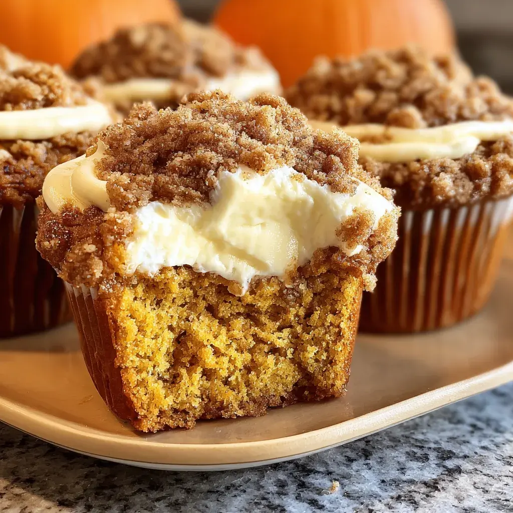 Close-up of pumpkin streusel cream cheese muffins fresh out of the oven, showcasing the golden streusel topping and creamy filling.
