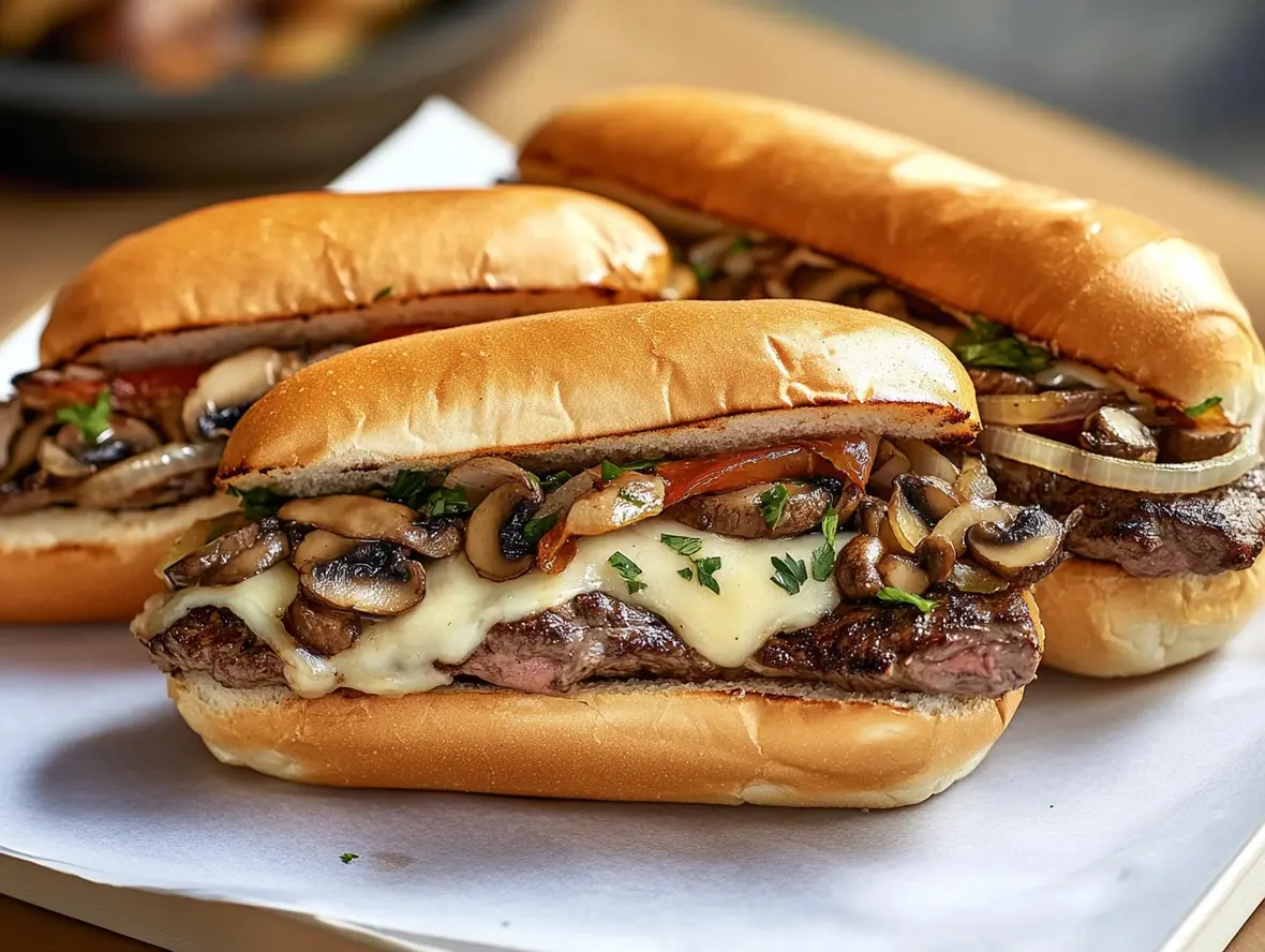 Philly cheese steak sandwich ingredients and prepared sandwich