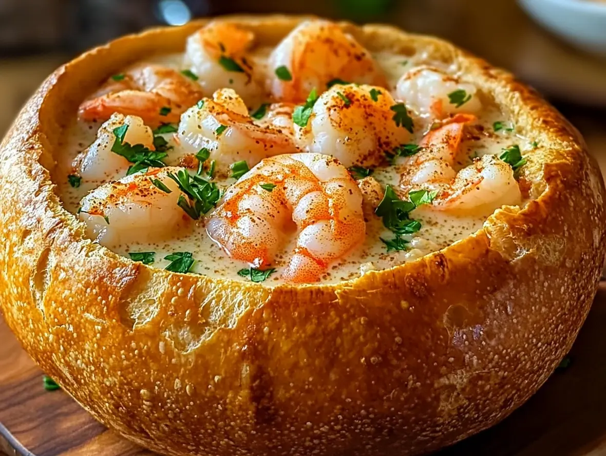 A delicious stuffed seafood bread bowl, golden brown and generously filled with creamy seafood.