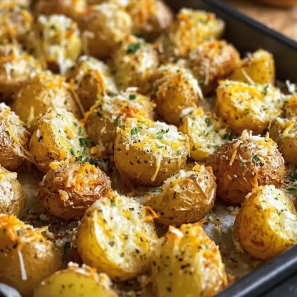 Golden-brown cheesy ranch potatoes fresh out of the oven, sizzling with melted cheese
