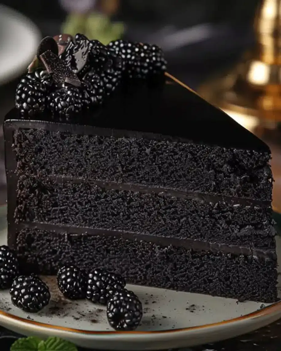 A slice of Decadent Black Velvet Cake on a plate, showcasing its dark color and moist crumb.