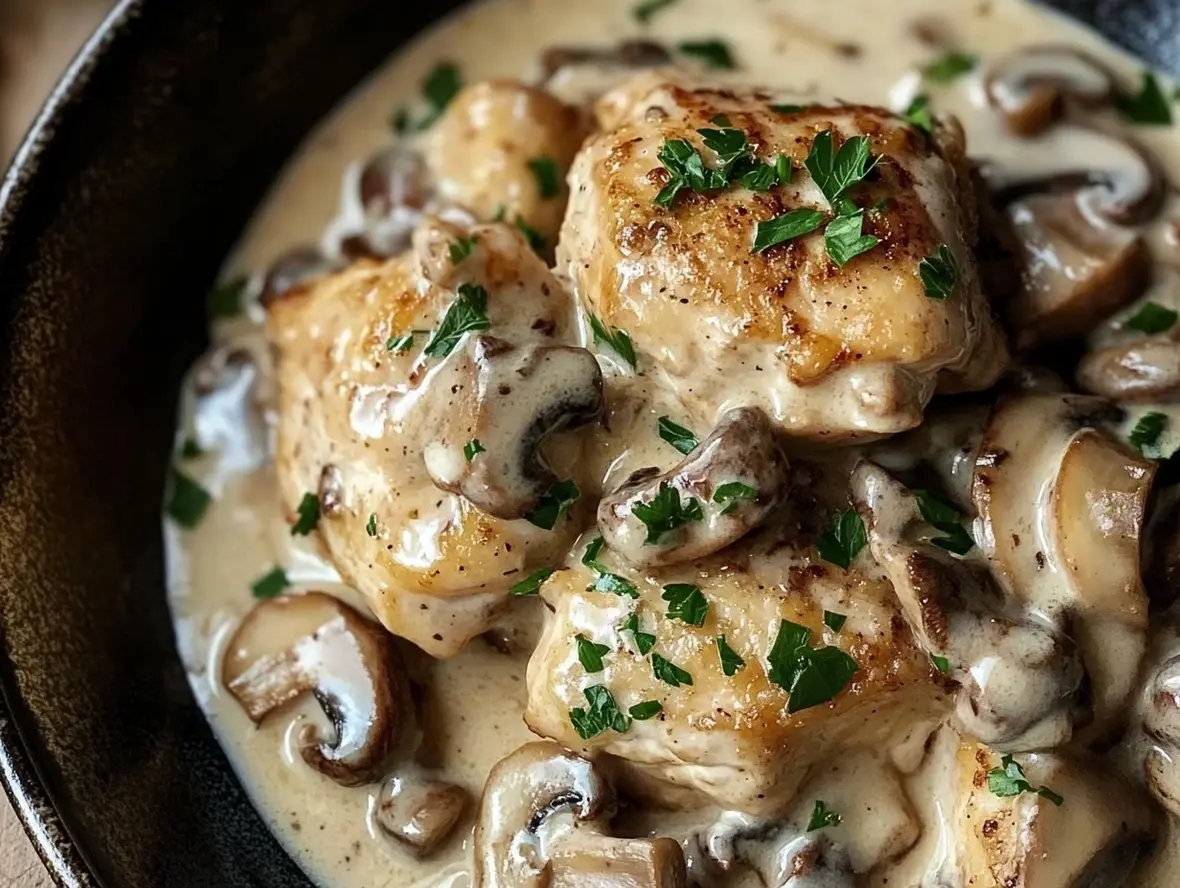Quick and creamy chicken mushroom recipe being prepared in a pan.