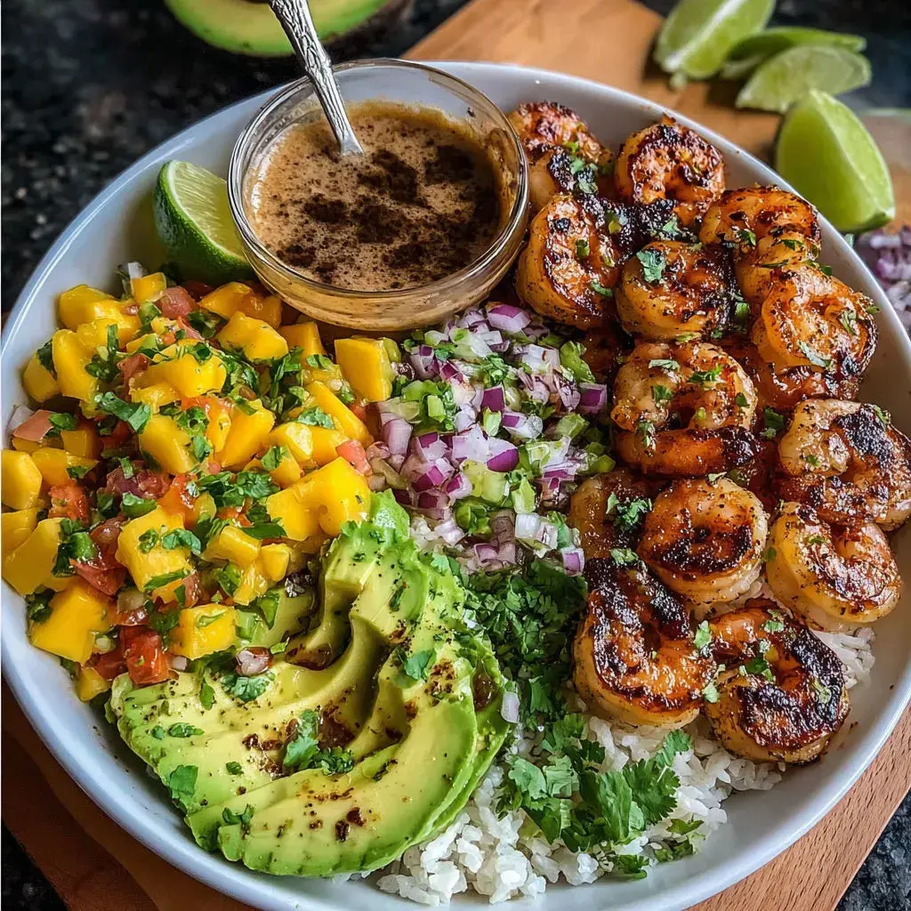 A completed Mediterranean Shrimp Avocado Bowl garnished and ready to eat, showcasing vibrant colors and fresh ingredients.