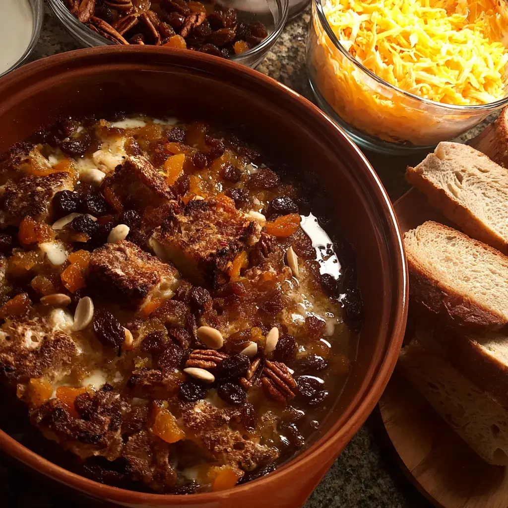 Layered ingredients for Capirotada Extra Raisins Pecans, showcasing toasted bread, piloncillo syrup, raisins, pecans, and cheese ready for assembly