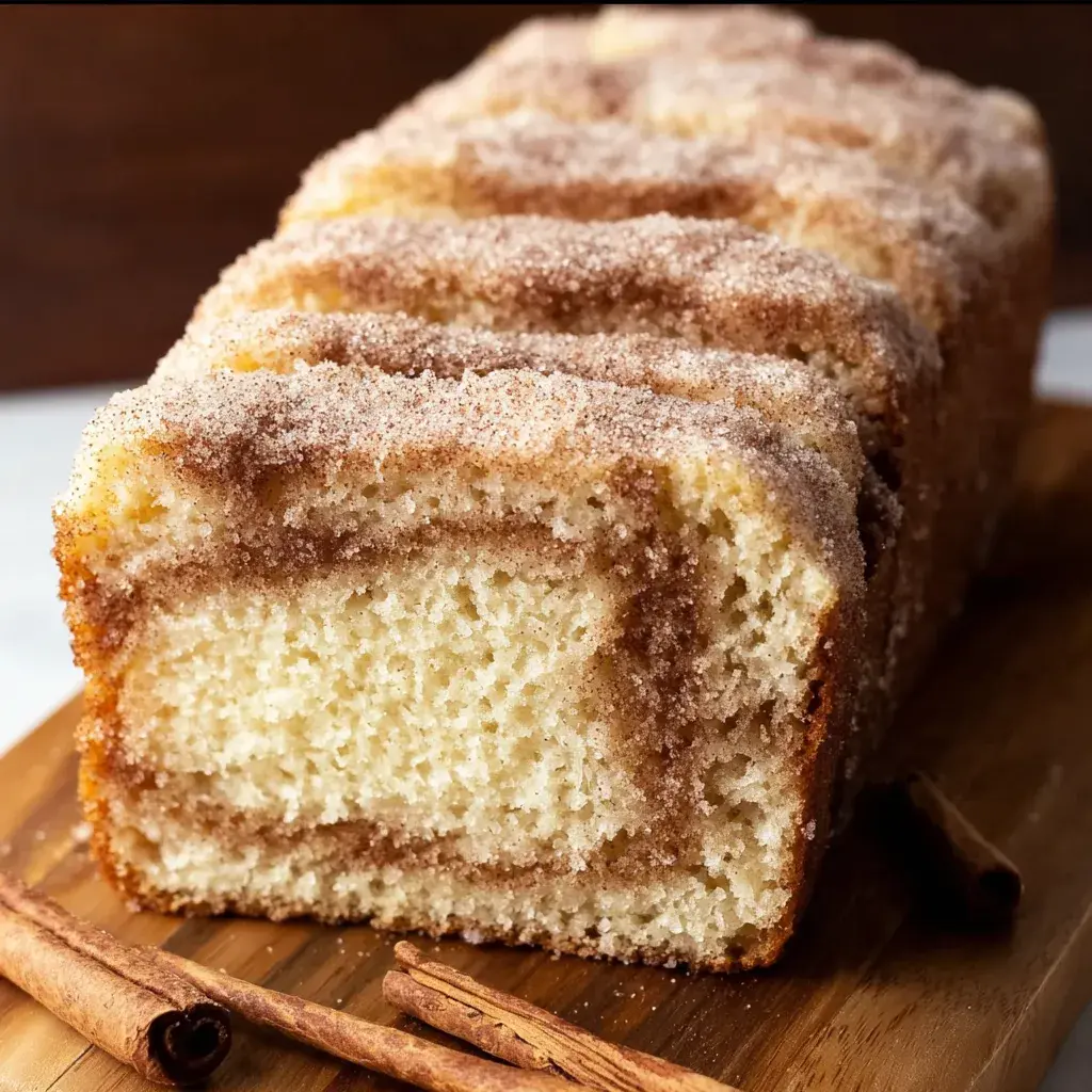 Sliced cinnamon sugar donut bread with a cup of coffee, highlighting the soft interior and cinnamon swirls.