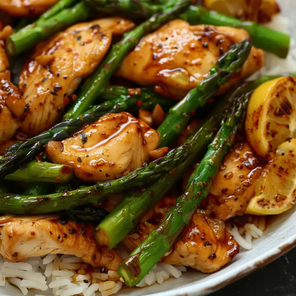 A vibrant plate of Lemon Chicken Asparagus Stir-Fry served over fluffy white rice, showcasing tender chicken strips and crisp asparagus in a glossy lemon-soy sauce.