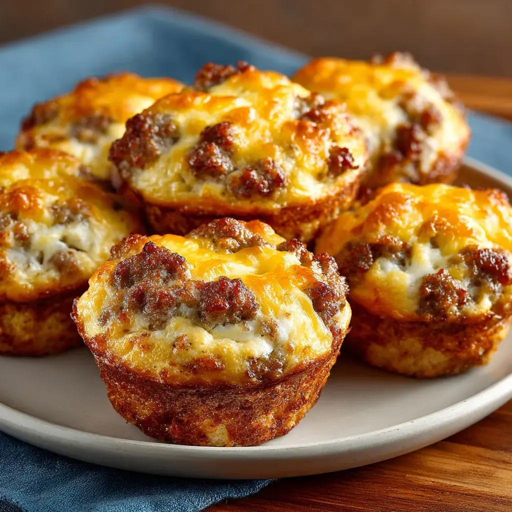 Stacked easy sausage breakfast muffins cooling on a wire rack, ready for serving.