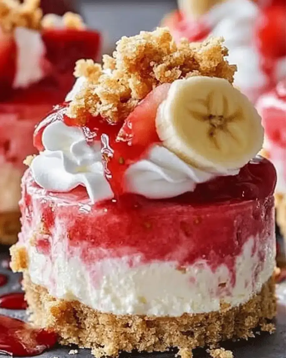 Mini strawberry banana cheesecakes arranged beautifully.
