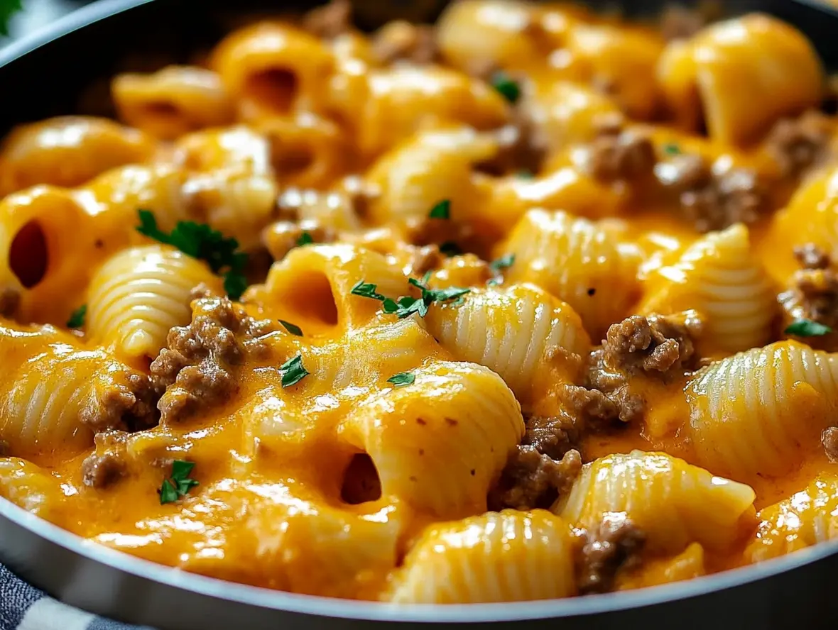 Creamy Beef and Shells Casserole in a pan