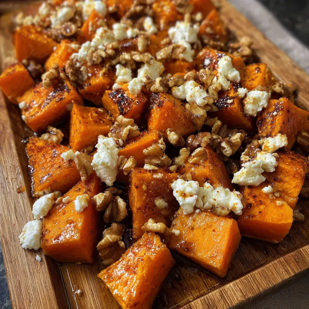 Finished Caramelized Sweet Potatoes Maple Feta dish plated beautifully with feta and walnuts