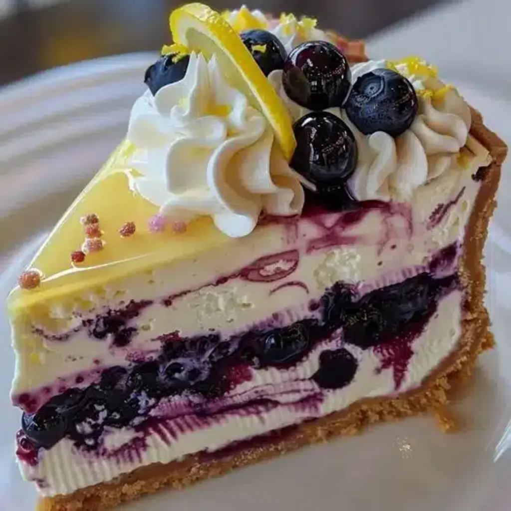 Blueberry Lemon Cheesecake slice on a plate, with a drizzle of lemon glaze and fresh blueberries.