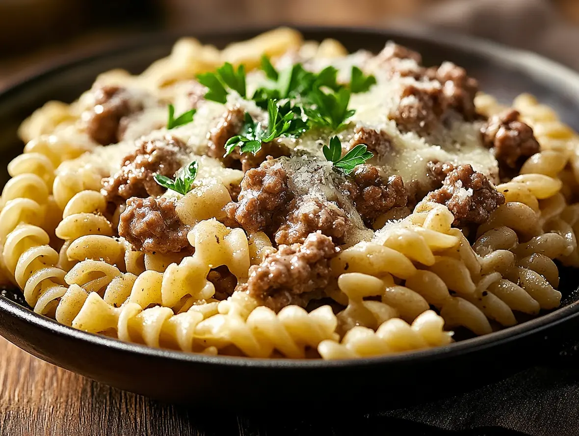 A delicious-looking bowl of rotini pasta with creamy garlic parmesan sauce and ground beef, garnished with fresh parsley.