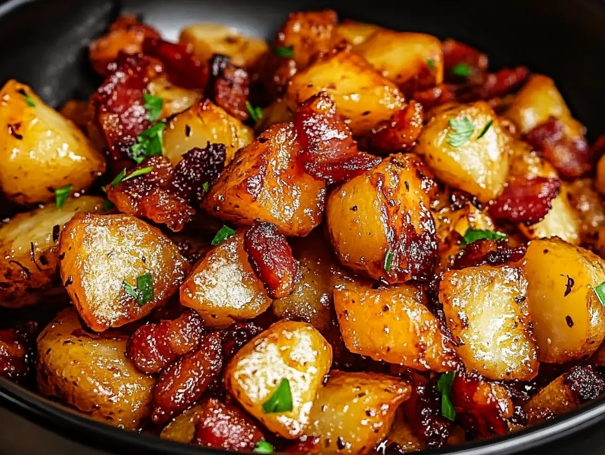 Honey Bacon Roasted Potatoes in a baking dish