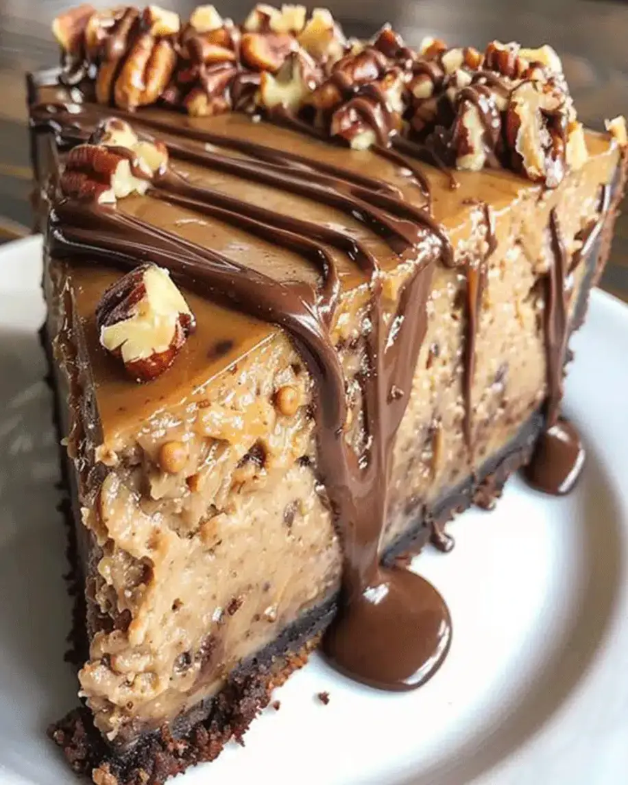 A slice of decadent caramel chocolate cheesecake topped with toasted pecans and a drizzle of caramel.