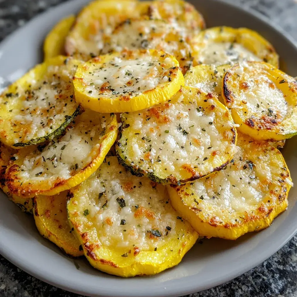 Close-up of roasted Parmesan squash slices with a melted cheese top, ready to serve.