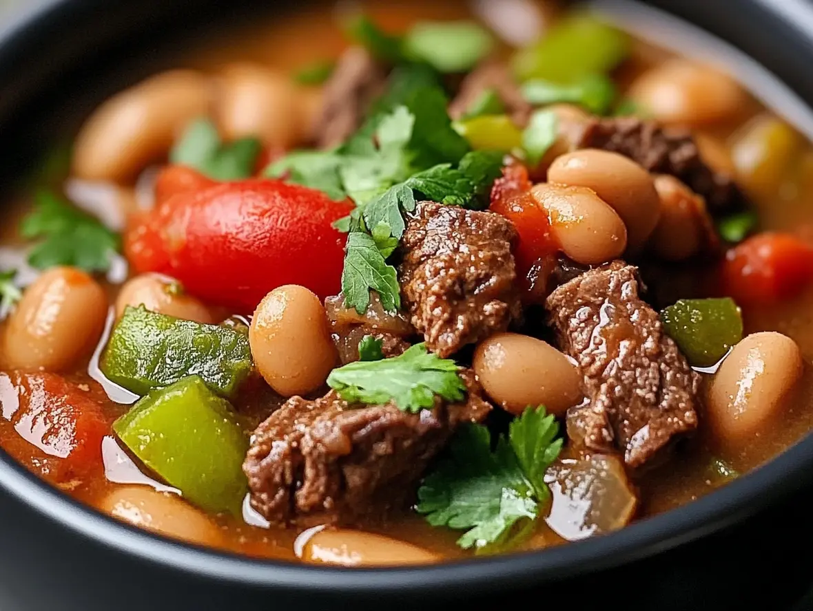 Bowl of slow cooker pinto beans with green chile flavor, garnished with cilantro and a side of tortilla chips.