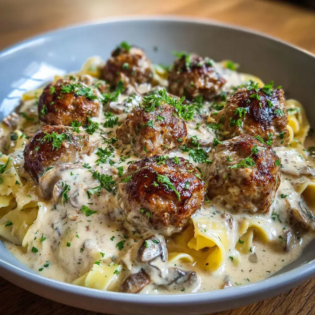 Finished meatball stroganoff in dreamy cream sauce, garnished and ready to serve.