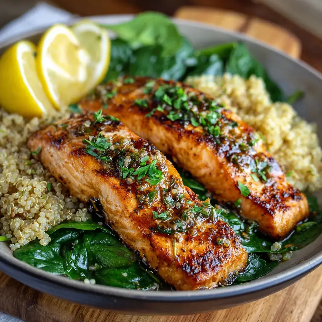 Finished Lemon Herb Grilled Salmon Quinoa dish, garnished and ready to serve.
