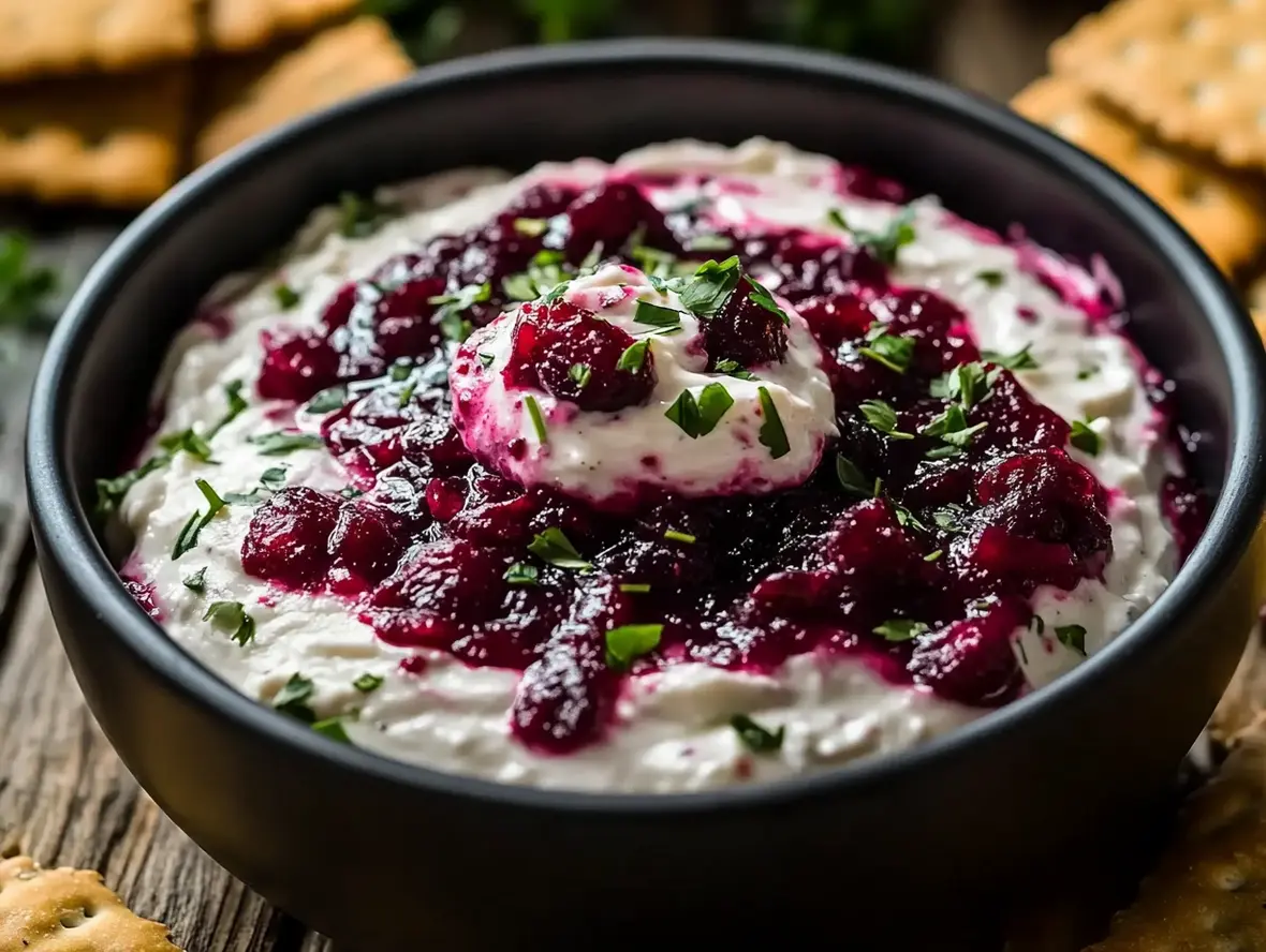 A bowl of Cranberry Jalapeño Dip with crackers and fresh vegetables.