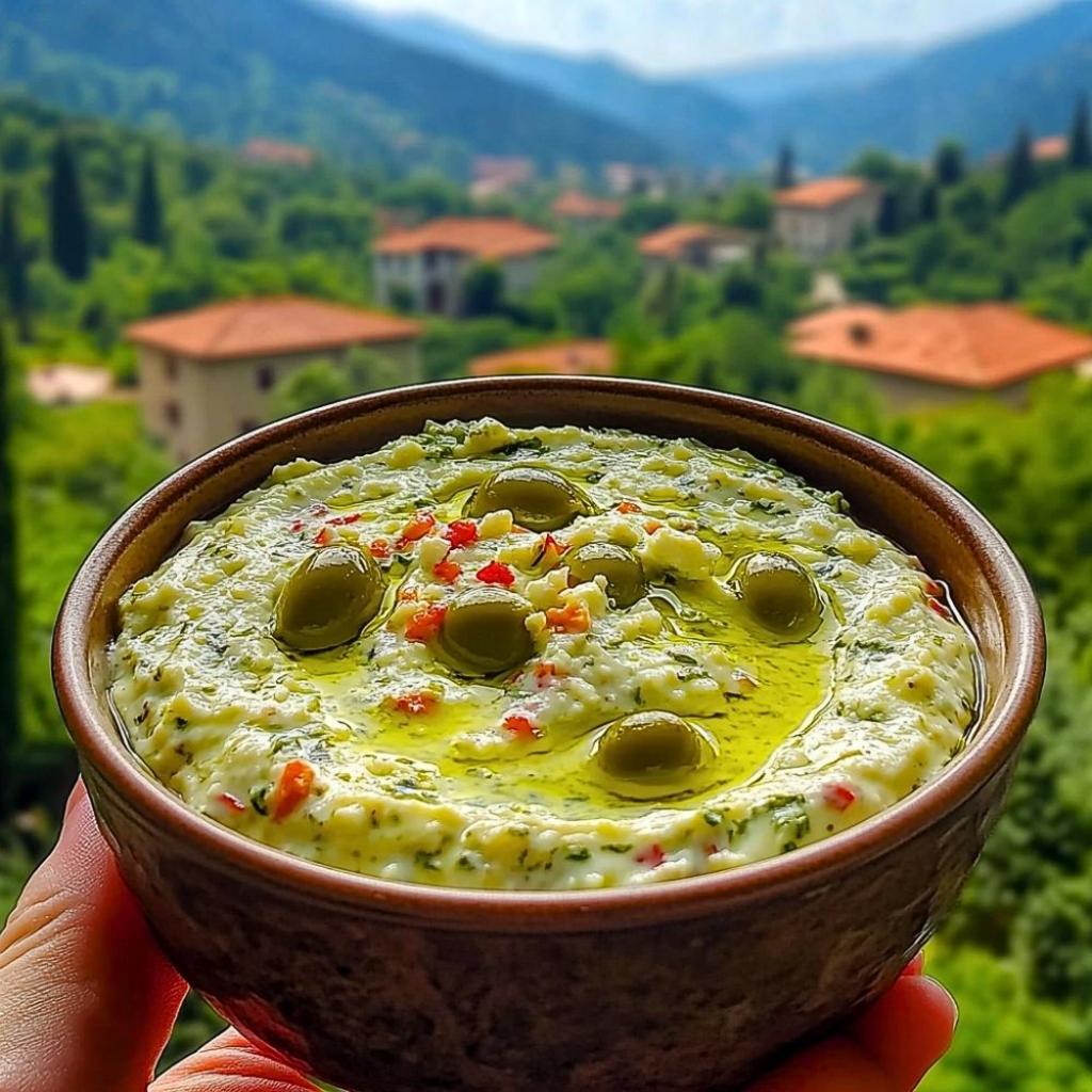 A vibrant Green Olive and Feta Cheese Dip in a serving bowl, garnished with fresh herbs.