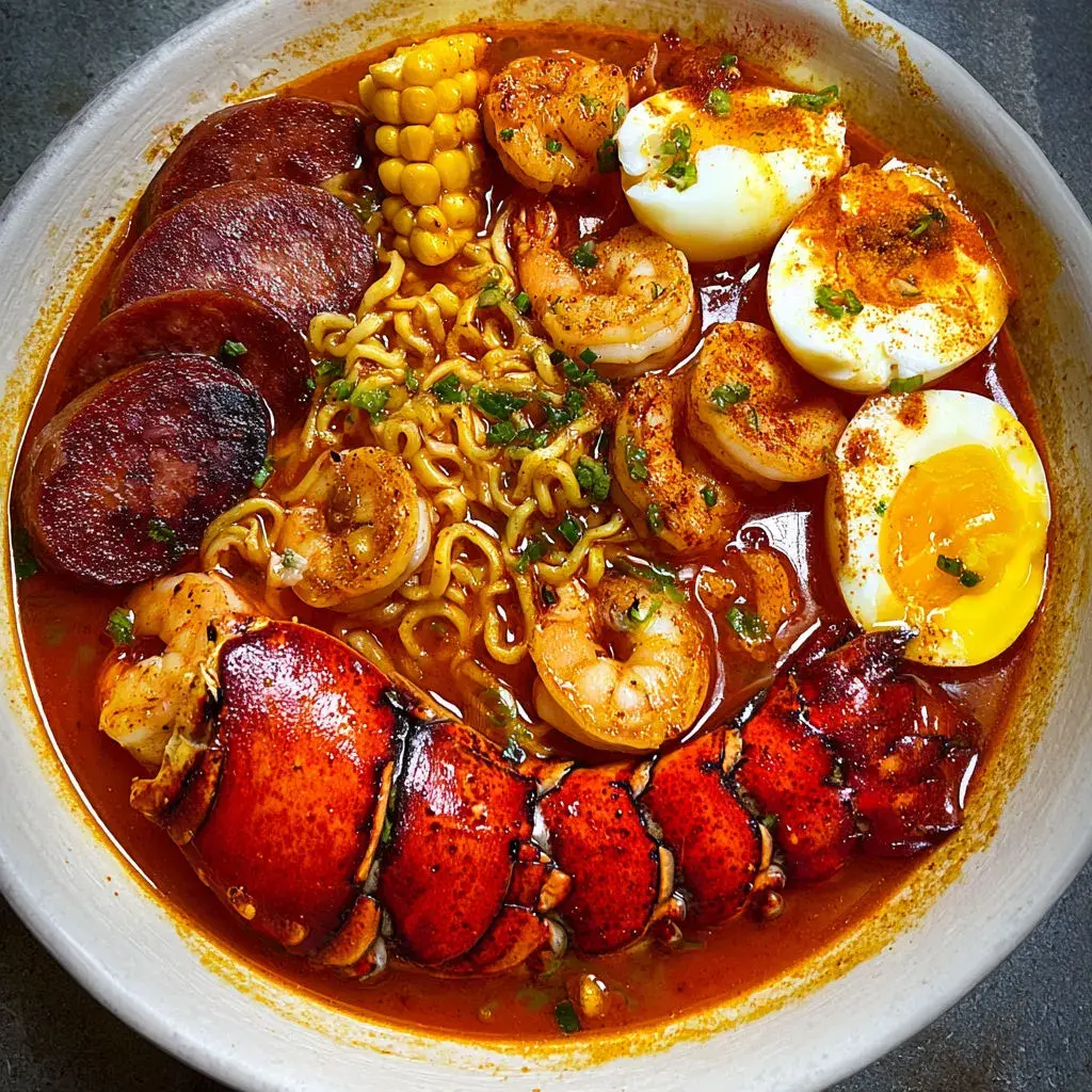 Close-up of assembled Seafood Boil Ramen Bowl with garnishes and a spoon for serving