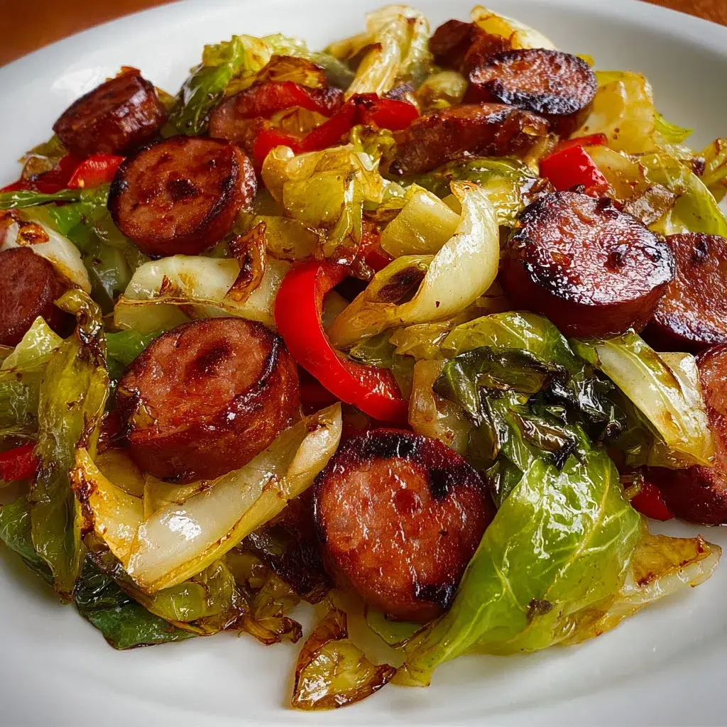 Close-up of the finished Cabbage Kielbasa Skillet Dinner, showcasing the vibrant colors and tangy sauce