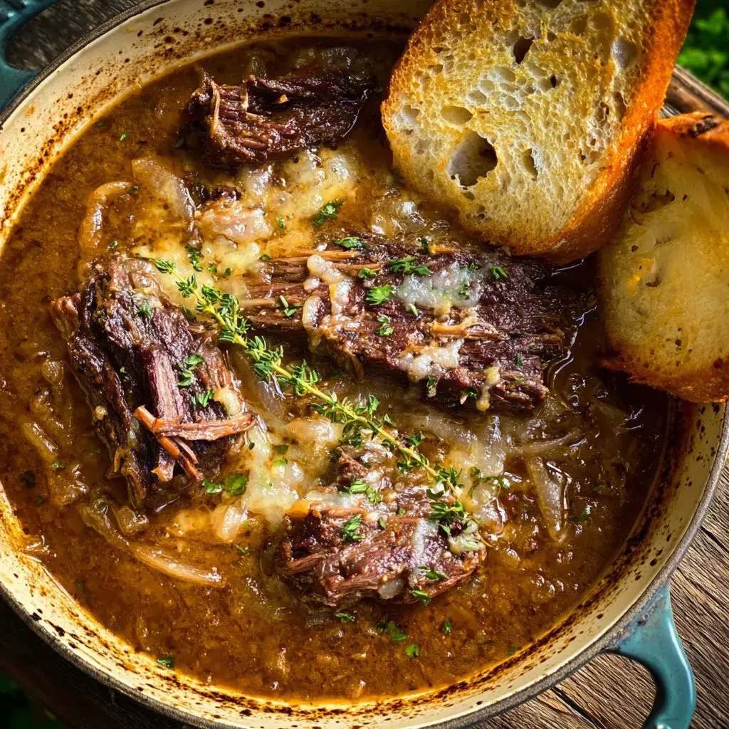 Finished French Onion Beef Short Rib topped with melted cheese