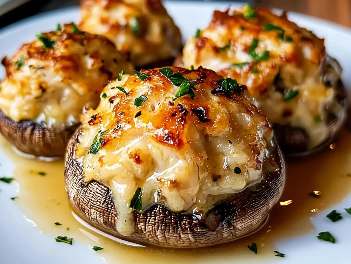 Easy Stuffed Mushrooms with Crab and Cheese on a platter