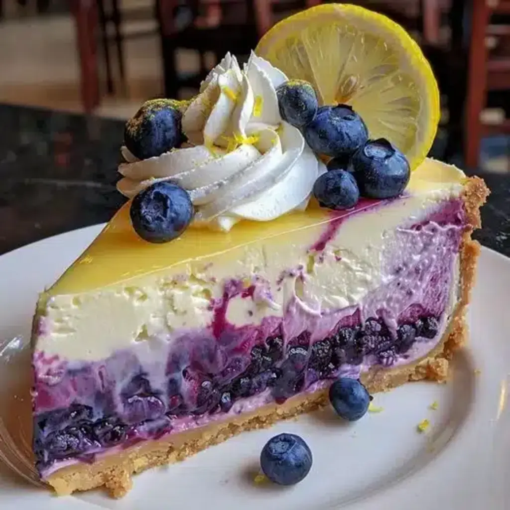 Beautifully baked Lemon Blueberry Cheesecake with a vibrant blueberry swirl