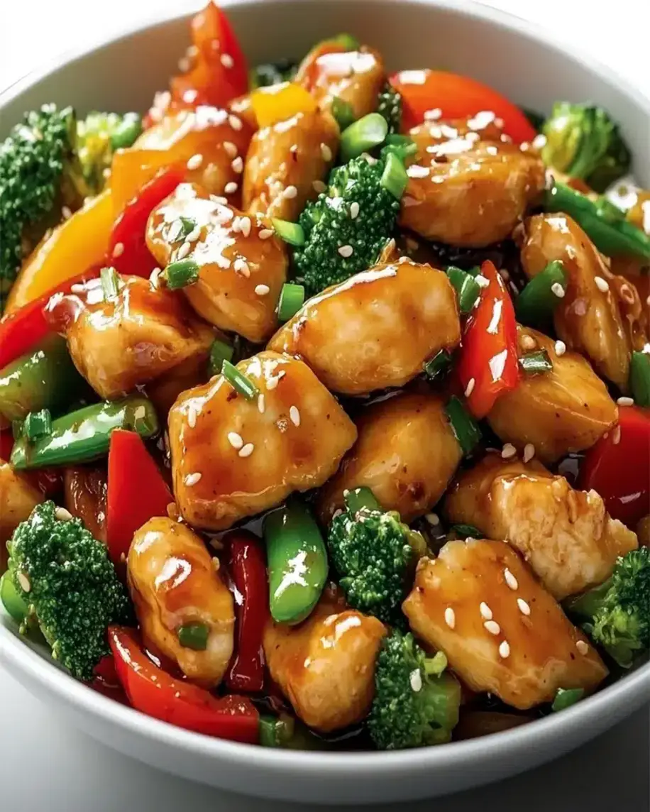 A glistening honey garlic chicken stir-fry served in a bowl with a side of rice.