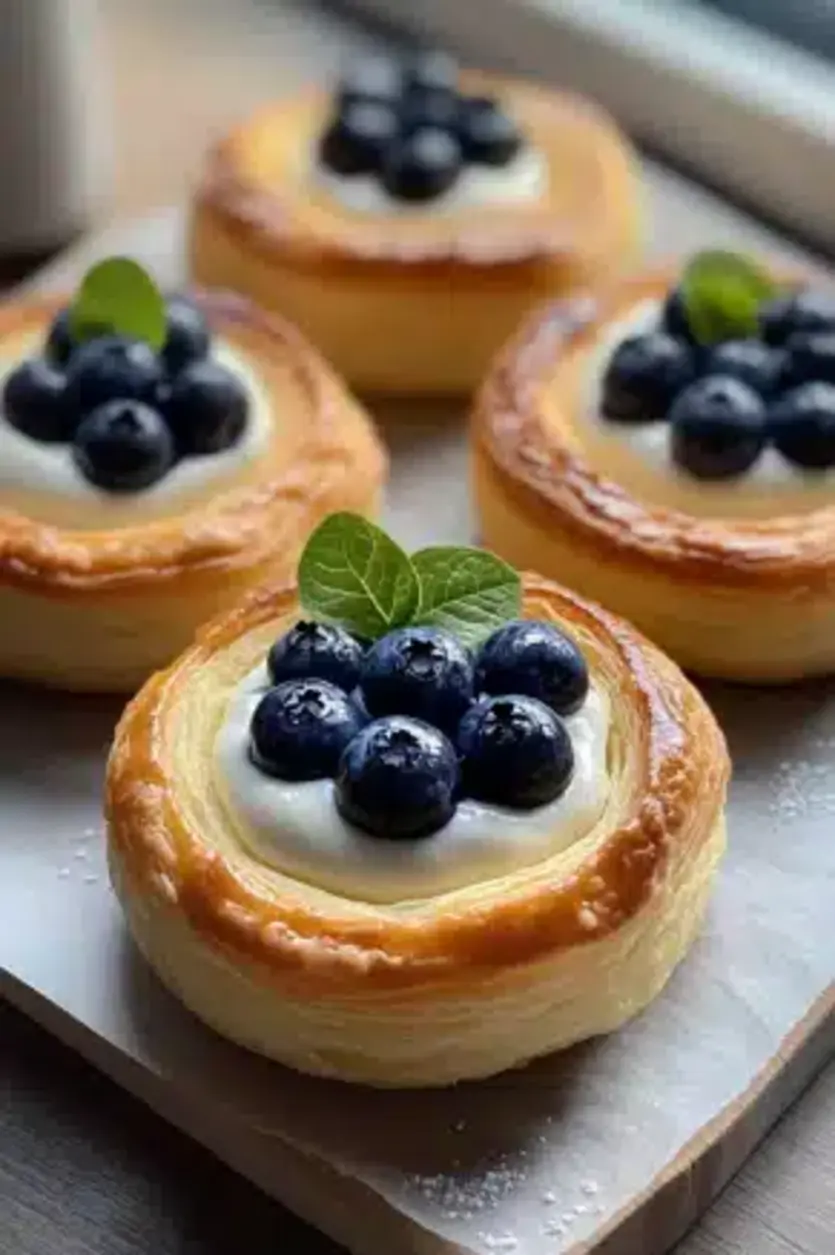 Beautifully arranged blueberry pastry rings with vanilla cream filling.
