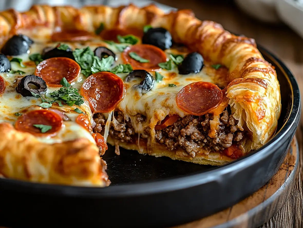 Delicious Pizza Burger Pie baked in a crescent roll crust, showcasing melted cheese and pepperoni.