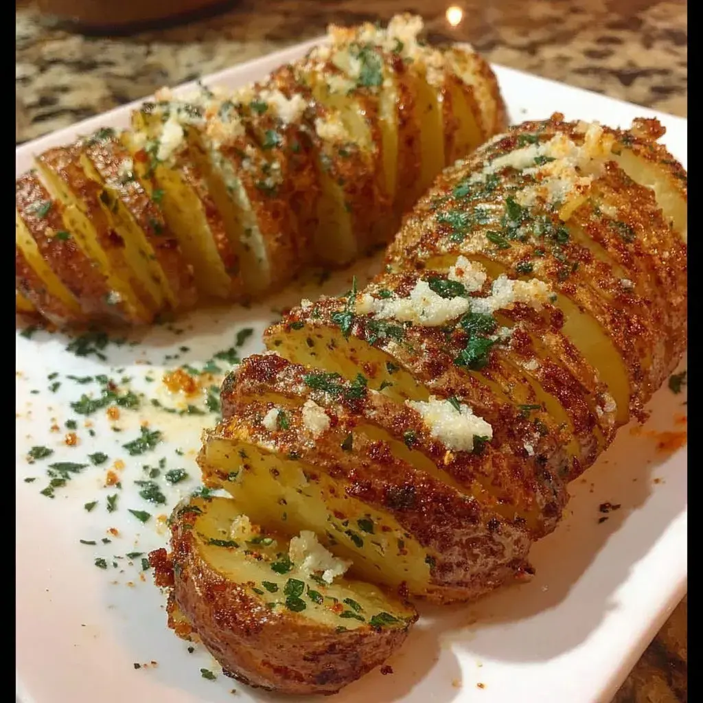 Close-up of seasoned and baked potato slices