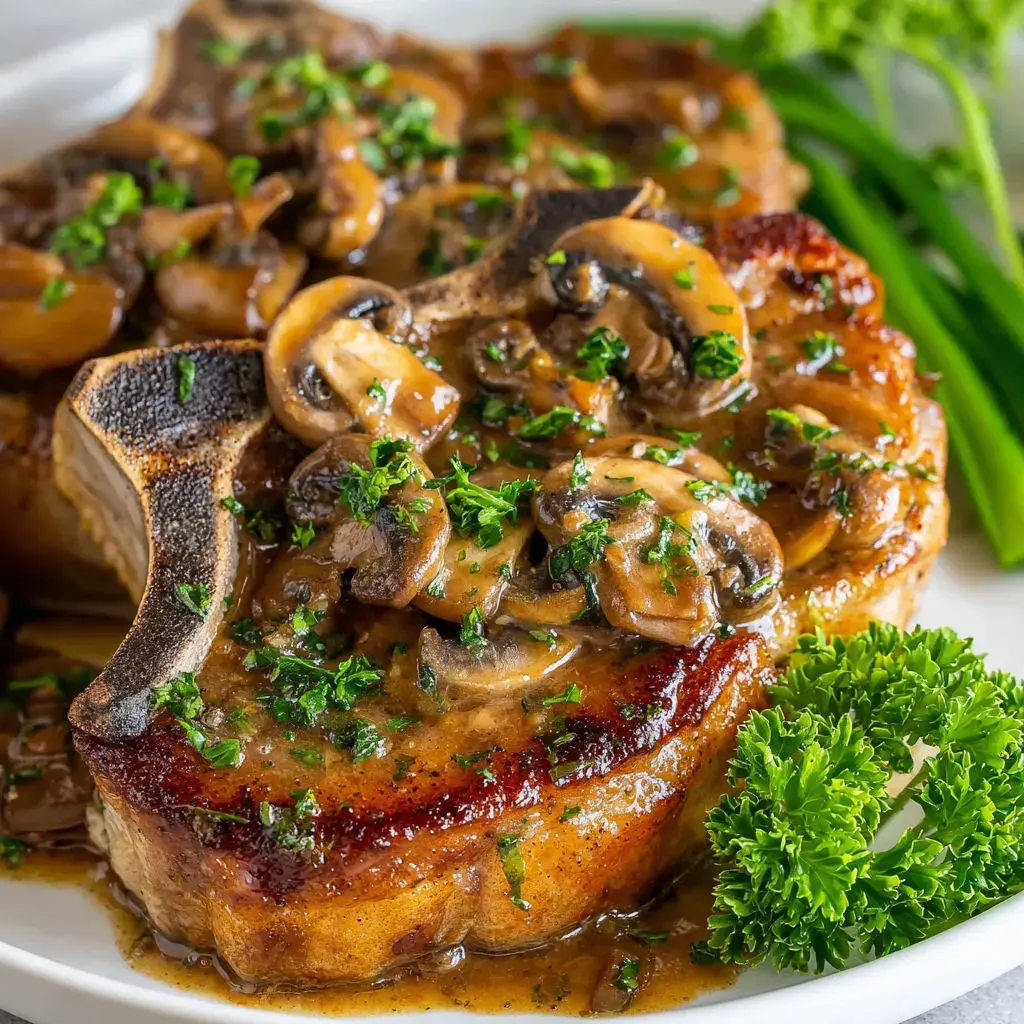 Close-up of juicy pork chops with gravy