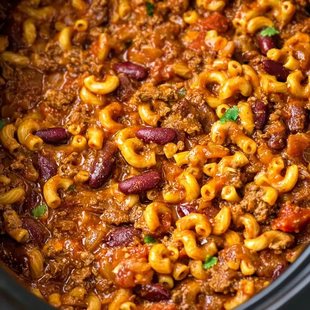 Crockpot chili mac dinner ingredients being assembled in a slow cooker, with spices, beans, and macaroni on display