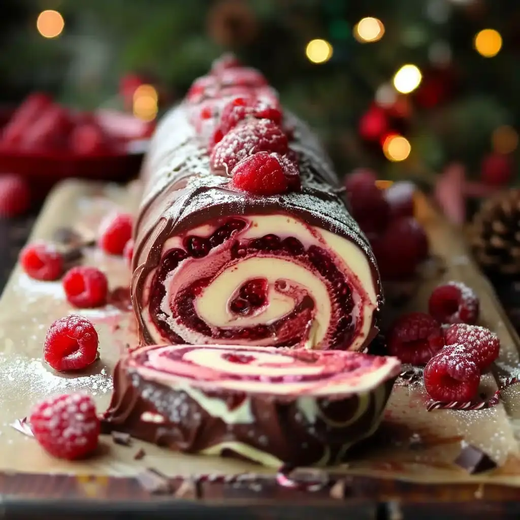 Raspberry Chocolate Yule Log finished and decorated