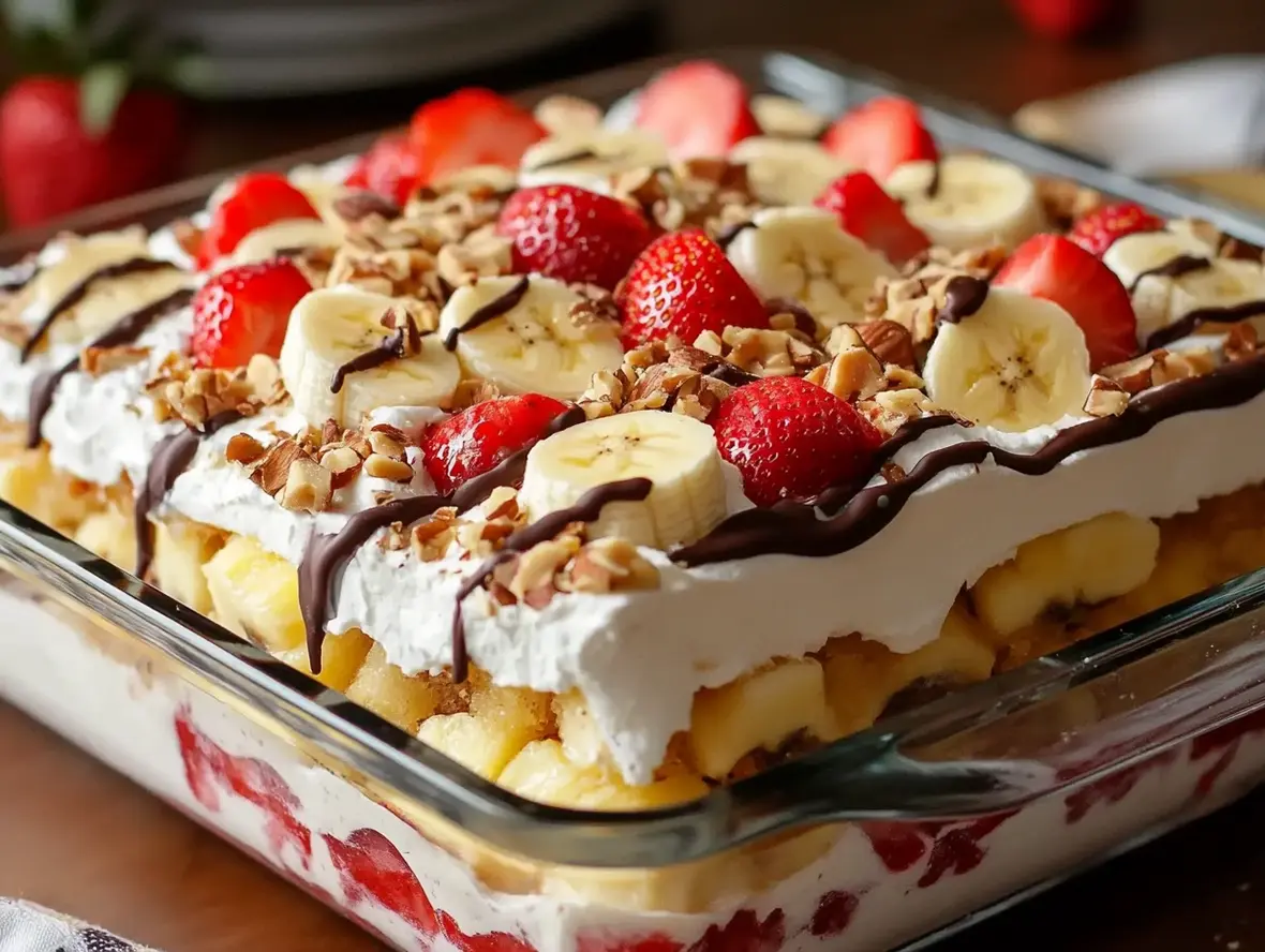 No-bake banana split cake layered in a dish