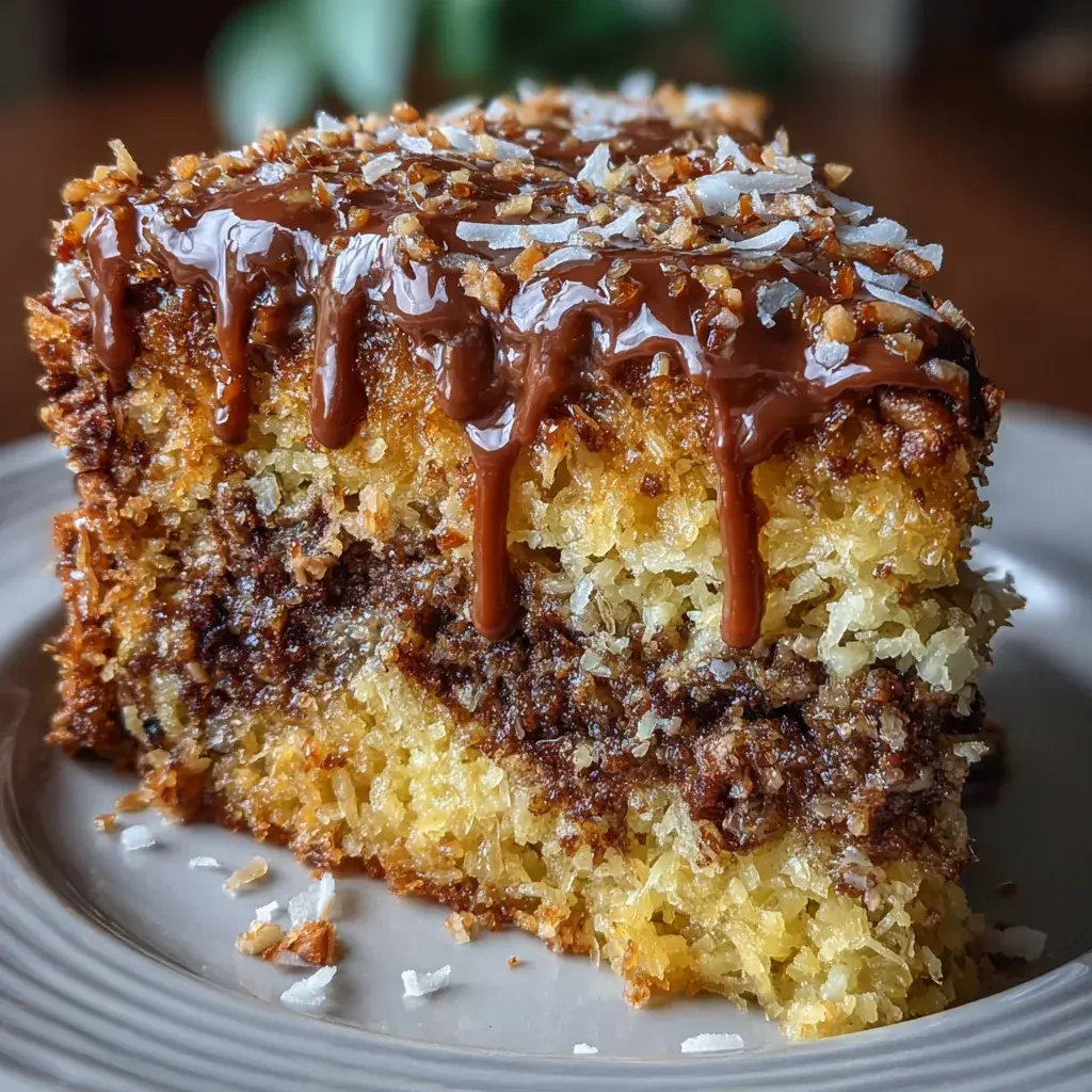 German Chocolate Paradise Cake serving slice with chocolate, pineapple, coconut, and pecans