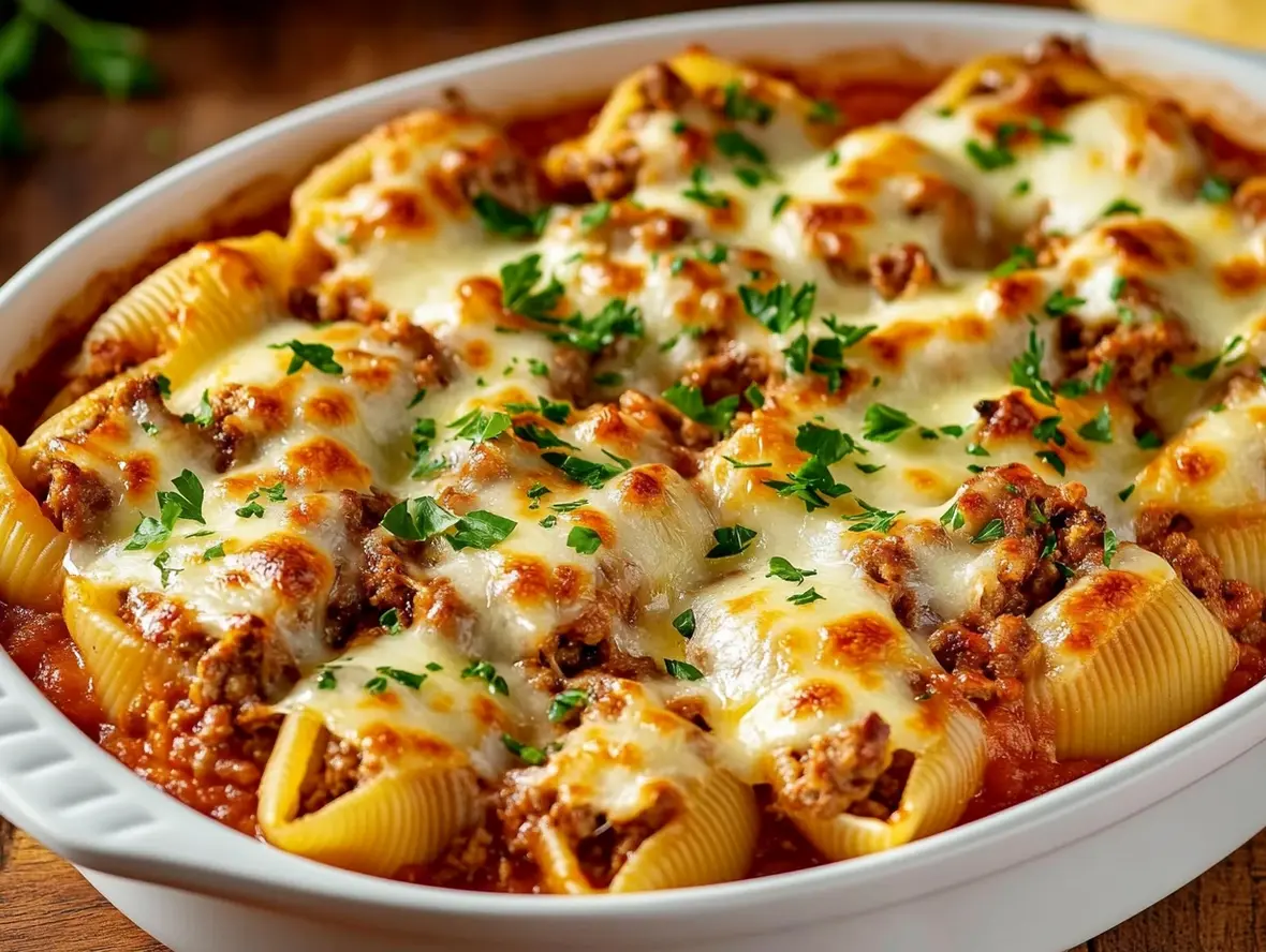 Delicious Ground Beef Stuffed Shells in a baking dish, topped with melted cheese and marinara sauce.