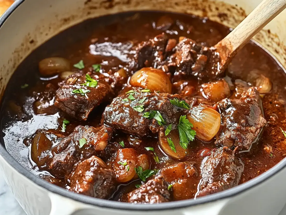 A rich, bubbling pot of Beef Bourguignon with tender chunks of beef and vegetables.